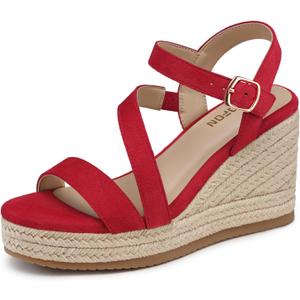 TEMOFON Wedge Sandals for Women Platform: Espadrille Ankle Strap Buckle Wedge - Comfortable Dressy Summer Womens Sandals (7.5, Suede-Red)