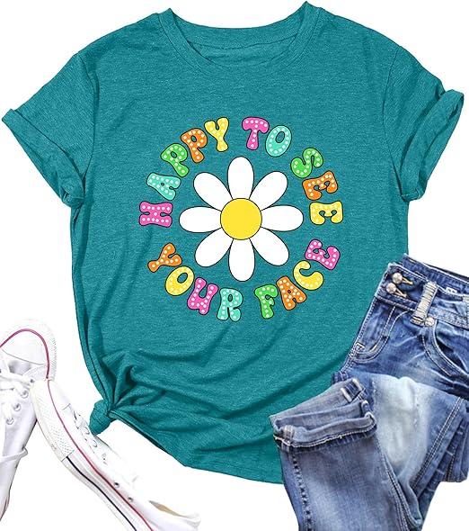 Happy to See Your Face Shirt: Women Funny Teacher T-Shirt First Day of School Shirts Groovy Back to School Tee Top(Cyan, Small)