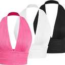 Floerns Women's 3Pcs Deep V Neck Seamless Knitted Backless Halter Tank Crop Top