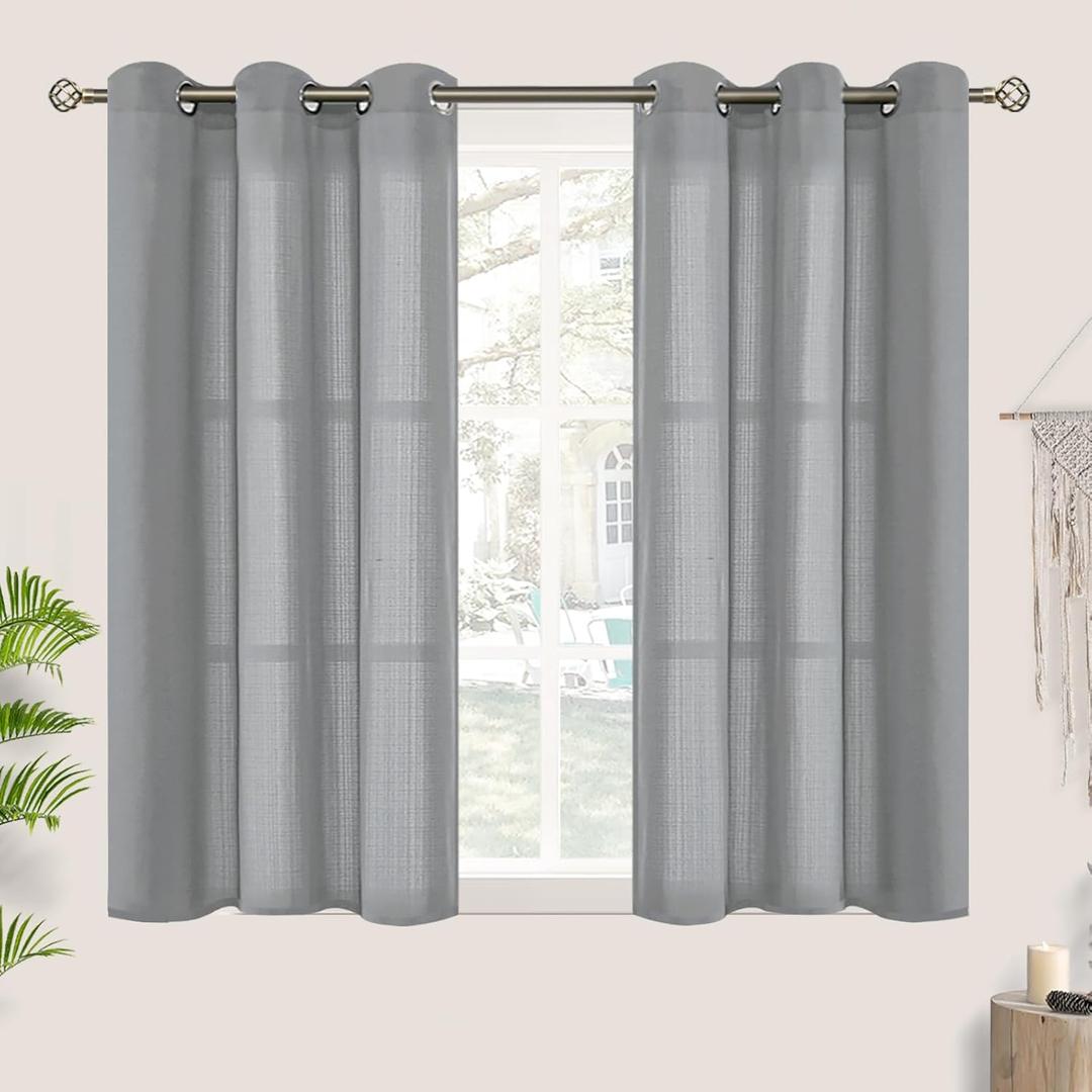 BGment Grey Short Linen Sheer Curtains for Office, Grommet Semi Sheer Light Filtering Casual Textured Privacy Curtains for Bedroom/Living Room, 2 Panels (Each 42 x 45 Inch, Grey)