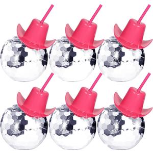 Disco Ball Cups,6 Pcs Silver Disco Cups with Cowboy Hat Lid and Straw, Sparkly Glitter Disco Ball Tumbler Pink Western Cowgirl Hat Disco Ball Cocktail Cup for Party Supplies