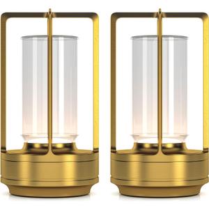 Portable Metal Table Lamp for Indoor/Outdoor ,Rechargeable Cordless LED Lamp, 3-Colour Infinitely Dimming Battery Powered Small Desk Lamp, Restaurant/Bedroom/Bar/Coffee/Camping Light (Gold Set of 2)