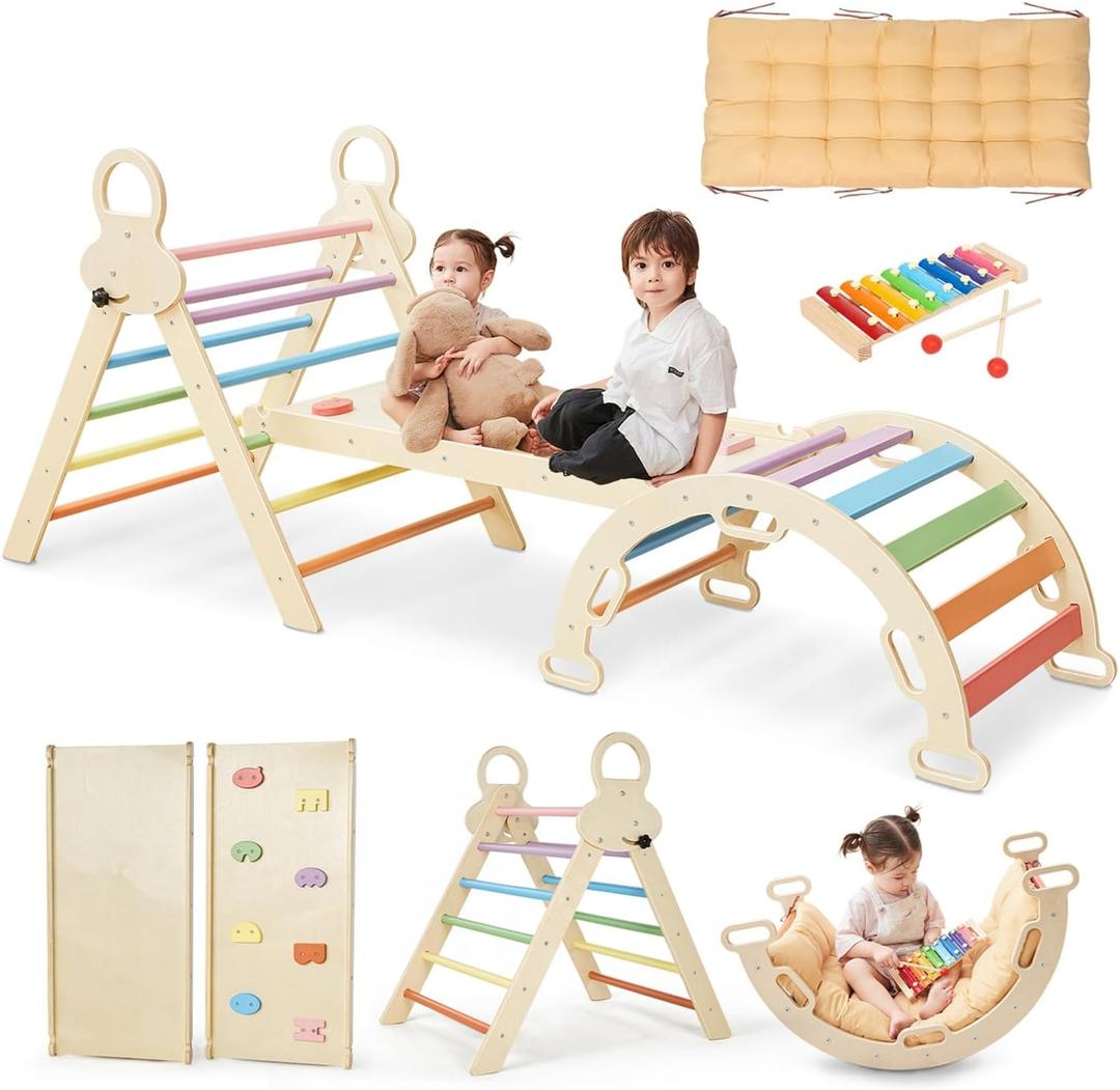 Pikler Triangle Set for Kids, 8 in 1 Colorful Montessori Large Climbing Toys for Toddlers 1-6 Inside with Ramp, Arch and Foldable Triangle, Wooden Child Indoor Playground (Natural Wood Colorful)