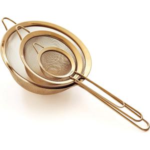 Strainer Set Fine Mesh  Premium 304 Stainless Steel (18/8)  8, 5.5 and 3.3 Sturdy Kitchen Strainers (Gold)