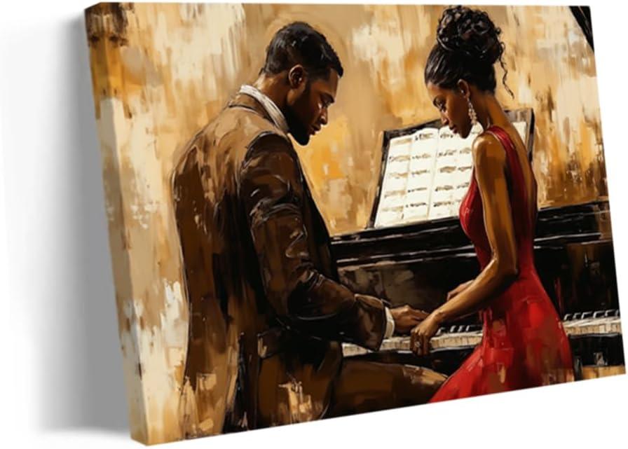 QIXIANG Black Jazz Music Wall Art African American Canvas Prints Black Couple Playing the Piano Pictures Musical Instruments Painting Decor Frame(Brown,16L x 24W)