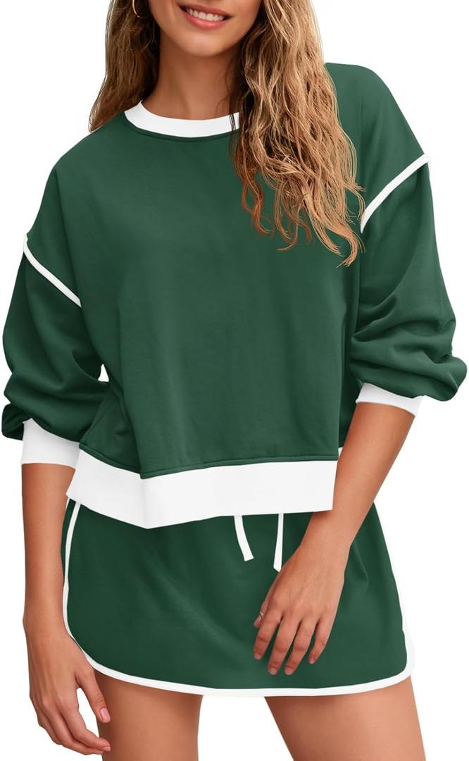 Fisoew Womens Sweatsuits 2 Piece Set Crewneck Sweatshirts High Waisted Skort Skirts Tennis Running Tracksuits Shorts Sets (Medium, Green)