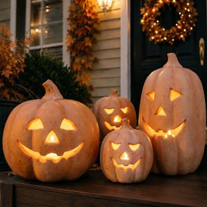 Fall Decor - Halloween Decor - Handmade Terracotta Pumpkin Jack O' Lantern with Flameless Candle - Vintage Autumn Farmhouse Table Decorations for Home Indoor Outdoor Porch Mantel (Large)
