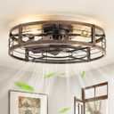 LEDIARY 23" Caged Ceiling Fan with Light and Remote, Low Profile Flush Mount Fandelier, Black Gold Bladeless Enclosed Small Fan Lights Ceiling Fixtures, Rustic Farmhouse Style for Bedroom, Outdoor