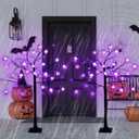 2 Pack 4 FT Spooky Black Halloween Tree with Timer, 48 LED Purple Lights with Eyeball Ghost Grimace DIY Ornaments, Artificial Halloween Tree Decorations Indoor Outdoor (Purple)