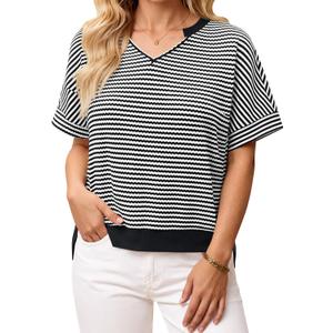 Fisoew Womens Short Sleeve Sweater Summer V Neck Striped Pullover Tops Casual High Low Loose Slit Cropped T Shirts (Black)