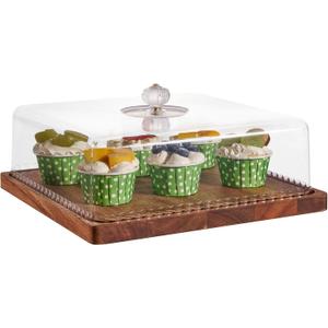 Cake Stand with Lid, 11.6 Square Small-Sized Cake Holder, Acacia Solid Wood Dessert Table Display Set, Charcuterie Board for Cheese ,Fruit Platter, Large Acrylic Cake Dome Cover