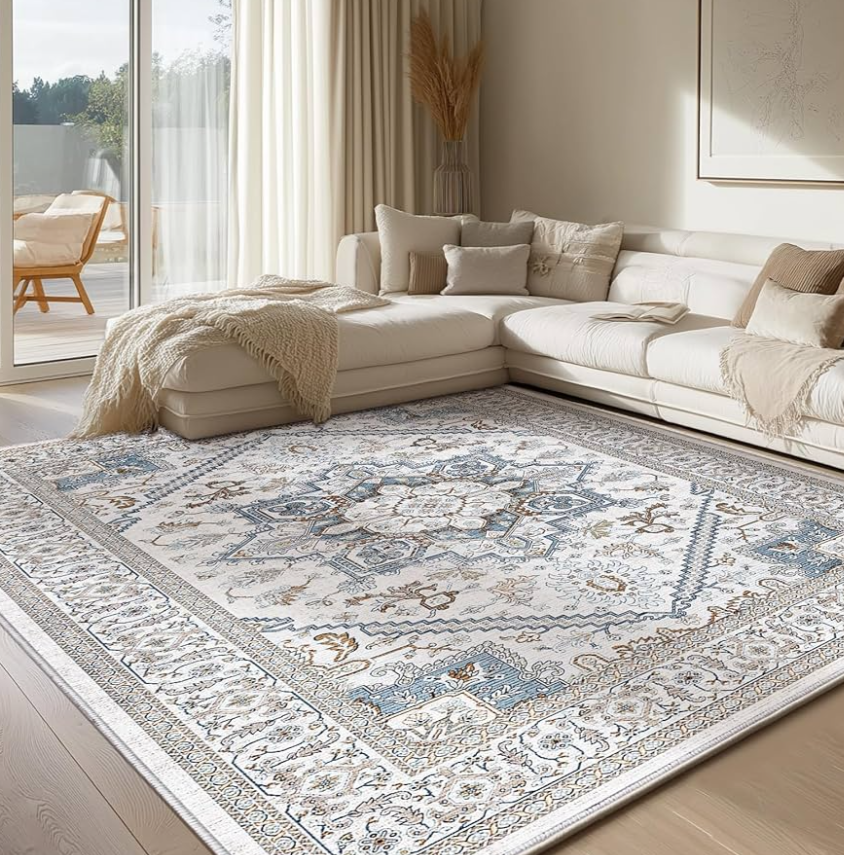 OPPODREAM Soft 8x10 Area Rugs, Washable Rugs 8x10 with Non Slip Backing, Faux Cashmere Low-Pile 8 x 10 Carpet, Cream White & Blue & Light Brown