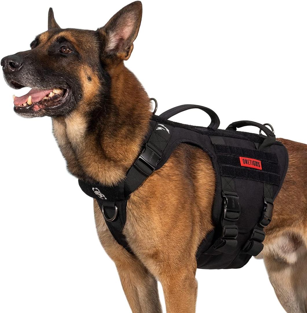 OneTigris Tactical Large Dog Harness, 5X Metal Buckled No Pull Service Dog Harness Vest with Hook & Loop Panels, Military Heavy Duty Dog Vest for Walking Hiking Training (Black)