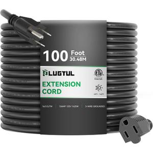 PLUGTUL Extension Cord 100FT, 16/3 Gauge Outdoor Extension Cord Waterproof, 10A 1625W SJTW, ETL Listed, Great for Garden and Home, Black