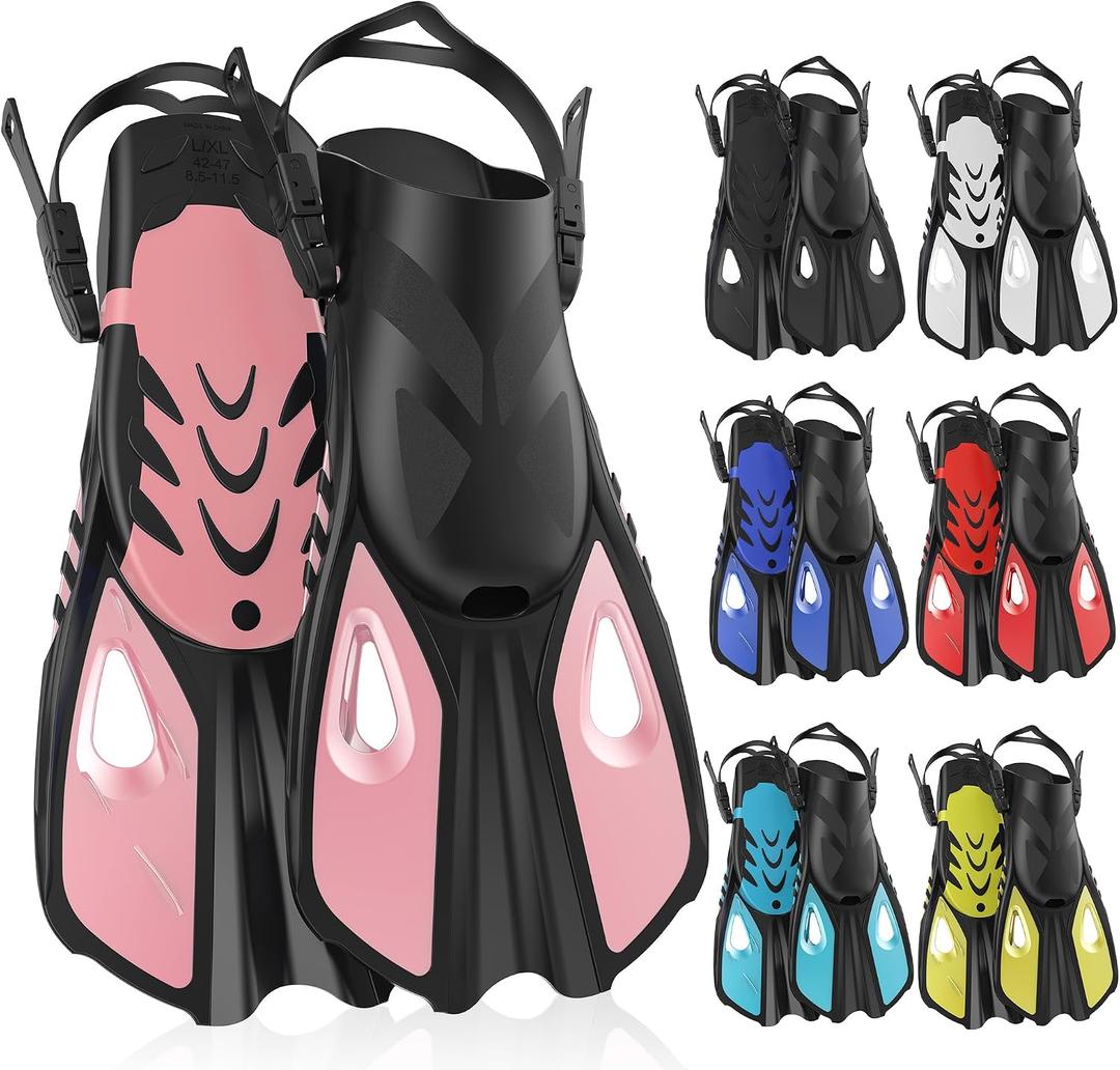 Snorkel Fins, Swim Fins Travel Size Short Adjustable for Snorkeling Diving Adult Men Women Open Heel Swimming Flippers