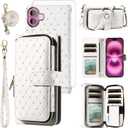Asuwish Phone Cover for iPhone 16 Plus 6.7 inch Wallet Case Cell Zipper with Tempered Glass Screen Protector Crossbody Lanyard Strap Glitter Card Holder i Phone16 16+ i16 + 16Plus Women Girls White
