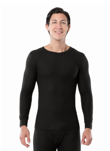 Fruit of the Loom Thermal Long Sleeve,Men's Thermal Waffle Crew Top,Black,  Size S