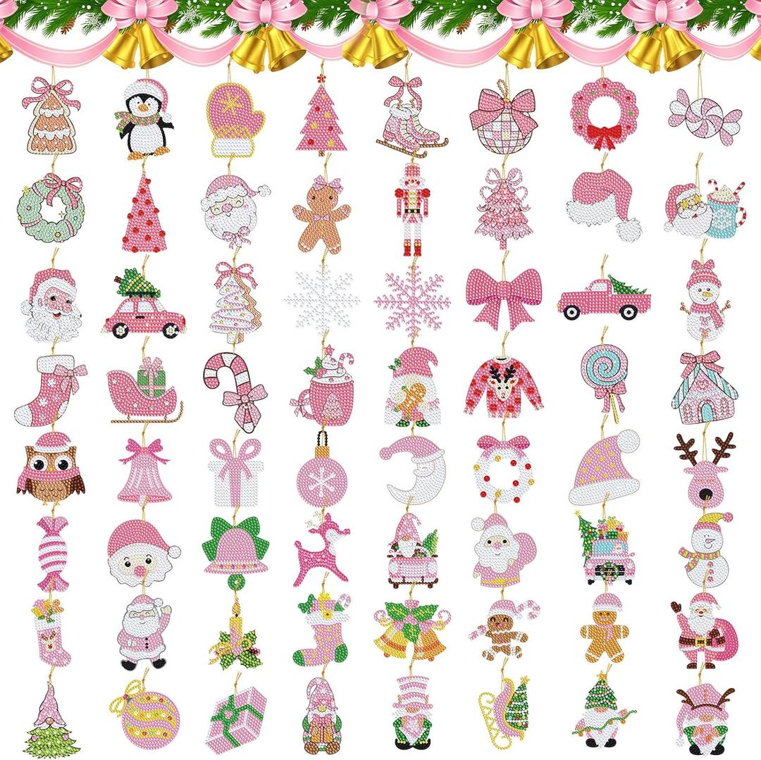 Hungdao 64 Pcs Christmas Diamond Art Ornaments Kits Xmas Diamond Art Kits for Adults Santa Claus Snowman Xmas Tree 5D Winter Hanging DIY Painting Keychains Gifts Crafts Family Home Decor(Classic Pink)