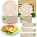 Compostable Paper Plates Set, 250PCS Disposable Heavy-Duty Sugarcane Plate and Eco-Friendly Utensil Biodegradable Dinnerware Plates, Extra Long Forks & Knives & Spoons for Party (Brown)