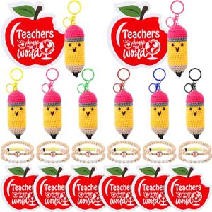 Liliaafar 6 Set Teacher Appreciation Gifts Bulk Pencil Crochet Keychains with 3" x 3" Thank You for Helping Me Cards, Bracelet Positive Appreciation Presents for Teacher's Day, End of School Year