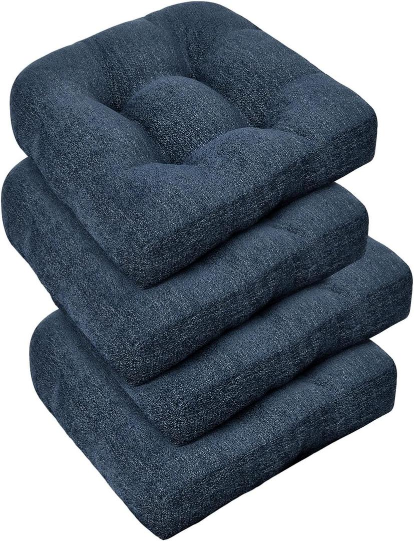 downluxe Chair Cushions for Dining Chairs 4 Pack, Tufted Indoor Chair Pads with Non-Slip Bottom, U-Shaped Kitchen Chair Cushions, 17"x17"x4", Navy