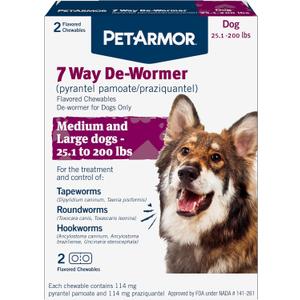 PetArmor 7 Way De-Wormer for Dogs, Oral Treatment for Tapeworm, Roundworm & Hookworm in Large Dogs & Puppies (Over 25 lbs), Worm Remover (Praziquantel & Pyrantel Pamoate), 2 Flavored Chewables