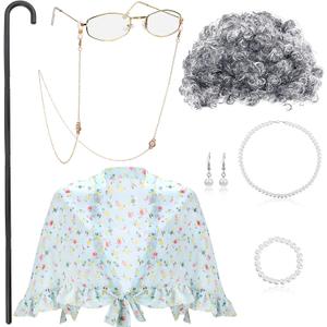 BBTO Old Lady Costume Granny Wig Grandma Shawl Grandma Cane Frame Glasses with Chain Faux Pearl Necklace Bracelet Earrings