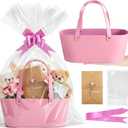 Wonderjune Empty Gifts Baskets Gift Basket with Leather Gift Bags Ribbons Greeting Cards Empty Baskets with Handles for Easter Lover Birthday Shower Favor Wrapping(Pink,Large) (2 count (Pack of 1))