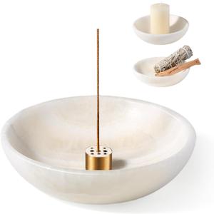 Koville Natural Marble Incense Holder, Incense Holder for Sticks with 9 Holes, Handmade Incense Burner Ash Catcher for Meditation Yoga SPA, Balsam Fir/Palo Santo/Sage/Cone (White)