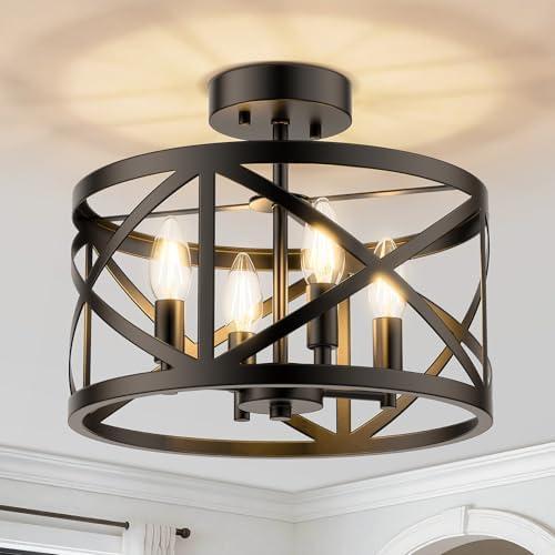 Matane Semi Flush Mount Ceiling Light, 4-Light 12inch Farmhouse Modern Light Fixture with X-Shape Cage, Industrial Rustic Ceiling Lamp for Kitchen, Dining Room, Bedroom, Hallway, Laundry Room, Black