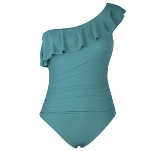 Mycoco Women's One Shoulder Swimsuits One Piece Ruched Swimwear Asymmetric Ruffle Monokini Bathing Suits Peacock Green US 6 (Green, M)