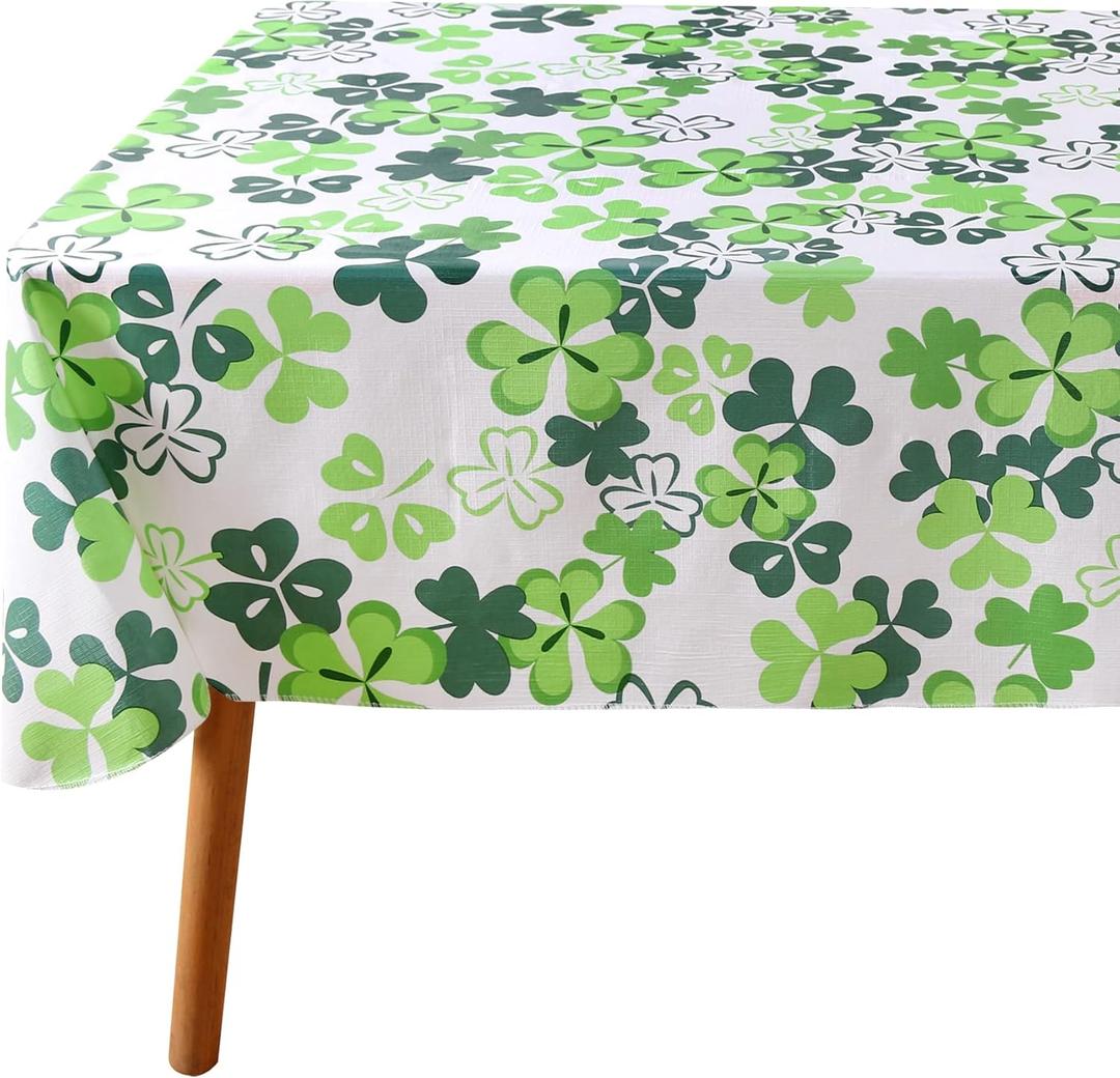 Fitable St Patricks Day Rectangle Tablecloth - 60x102 Inch Waterproof Green/White Shamrock Table Cloth Vinyl Wipe Clean Clover Table Cover for Dining Room, Kitchen, Indoor/Outdoor Party Table Decor