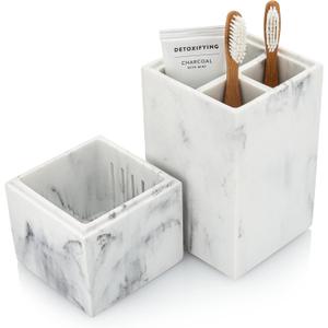 Essentra Home Toothbrush Holder with Lid, Elegant White Marble Bathroom Toothbrush & Toothpaste Organizer  Blanc Collection