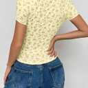 Women Y2k Ditsy Floral Lace Trim Crop Tops Yellow Cute Scoop Neck Tight Fitted Short Sleeve T Shirts Going Out (L)