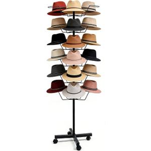 uyoyous 6-Tier Hats Display, 30 Hooks Rotating Hat Rack Stand with Lockable Wheels, Adjustable Commercial Retail Hats Organizer for Ball Cap, Straw Hat, Beret, Wig, Black