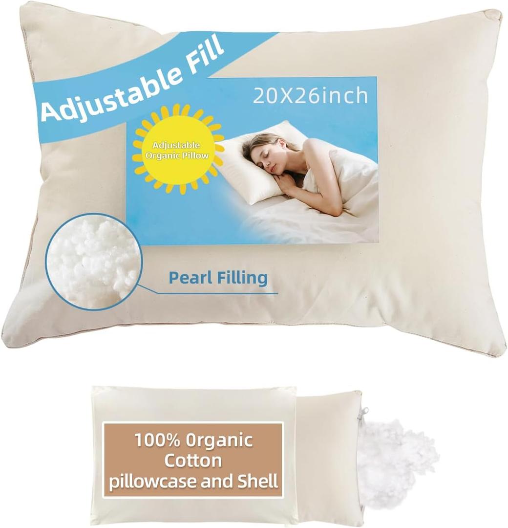 20x26 Organic Pillow with 100% Organic Cotton Pillowcase and Shell - Soft Non Toxic and Breathable Pearl Filling, CPSC Certified and Oeko-TEX, Adjustable Loft Organic Pillow, Machine Washable (Off White)