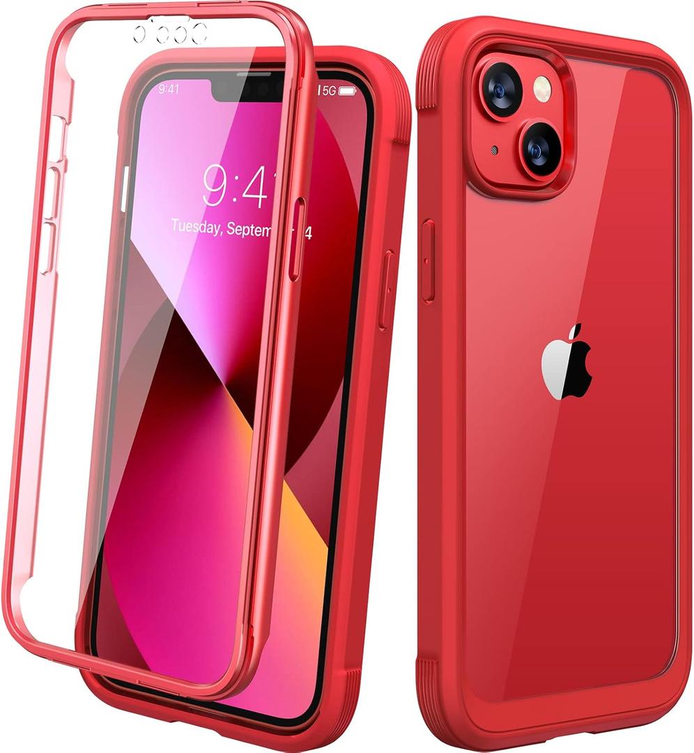 Diaclara Designed for iPhone 13 Case, Full Body Rugged Case with Built-in Touch Sensitive Anti-Scratch Screen Protector, Soft TPU Bumper Case for iPhone 13 6.1" (Red and Clear)