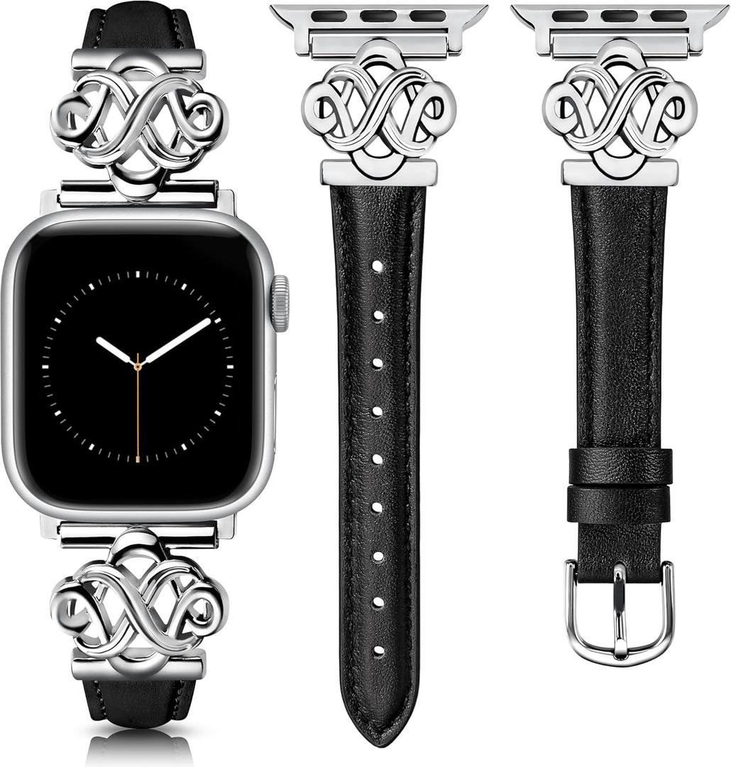 Wearlizer Slim Leather Band Compatible with Apple Watch Bands Women 38/40/41/42/44/45/46/49mm, Fancy Dressy Designer Thin Strap with Celtic Knot for iWatch Series 11 10 9 8 7 6 5 4 3 SE/Ultra 3 2 1 (Black/Silver)