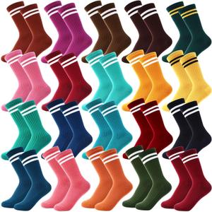 20 Pairs Colorful Striped Crew Socks Athletic Crew Solid Color Striped Cotton Tube Half Women Men Socks