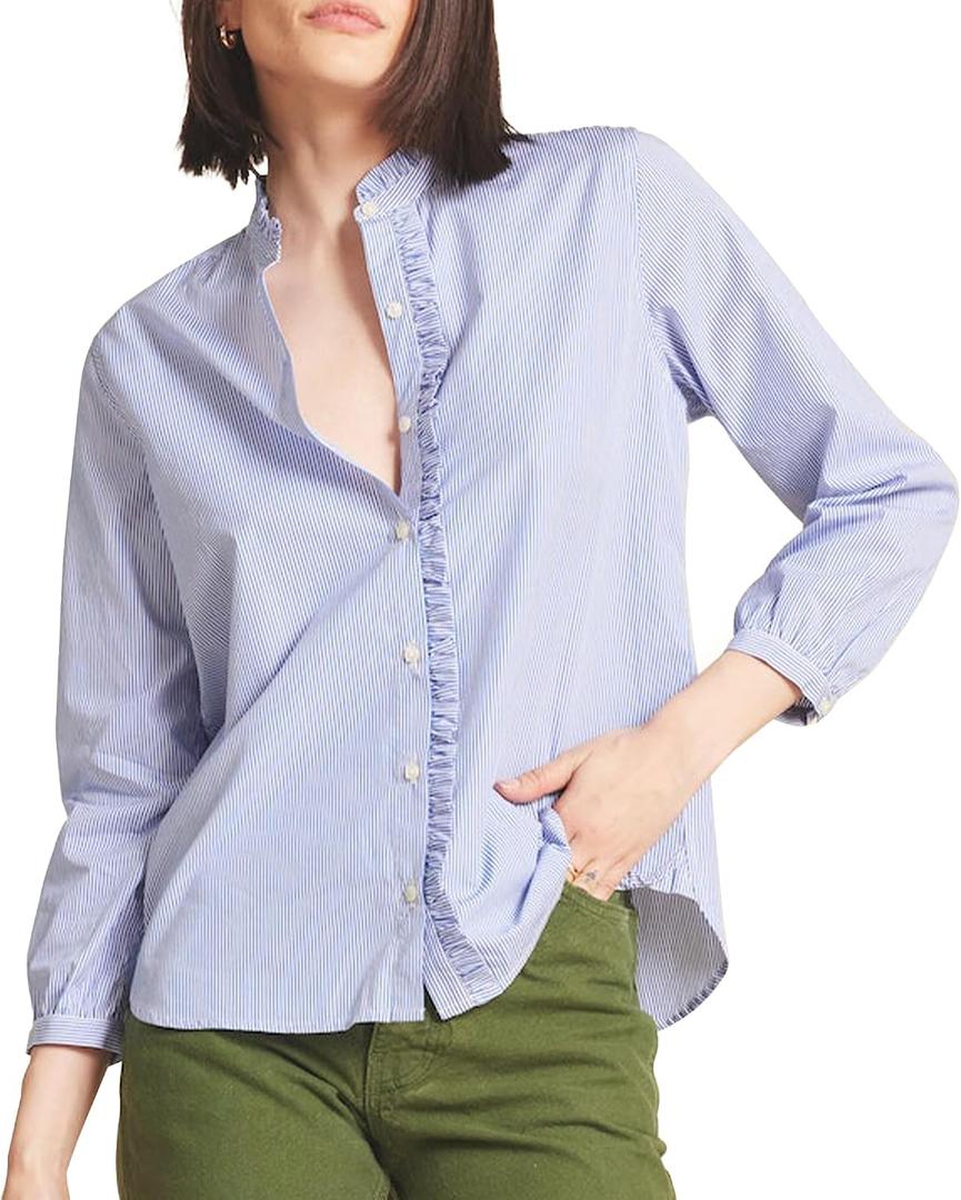 Womens Blue White Stripe Button Down Shirt Long Sleeve Standup Collar Blouse Dressy Business Casual Tops with Ruffle Details (XL)