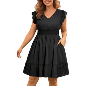 Women's Black Dress Plus Size Summer Casual Boho V Neck Ruffle Sleeve Flowy Short Sundress Pockets Beach 18W