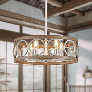 XINGQI 21.7" Drum Chandelier, Farmhouse Dining Room Light Fixture, Wood Grain Brushed Nickel Kitchen Lighting 5 Light with Round Metal Shade Vintage Hanging Light for Living Room Bedroom