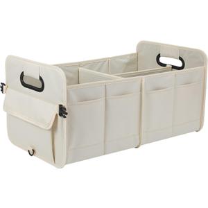 CarTrunkOrganizerCarStorageOrganizerCollapsibleMultiCompartmentCarOrganizerAdjustableStrapsforSUV(Beige)