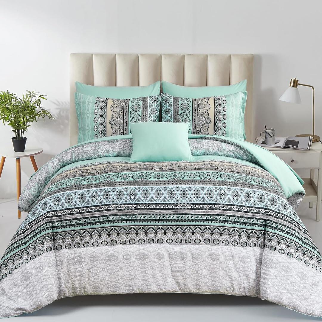 Cottolester Boho Comforter Set Queen Size,8 Piece Bed in a Bag Sage Green Paisley Comforter and Sheet Set,Striped Bedding Set Soft Microfiber Complete Bedding Set