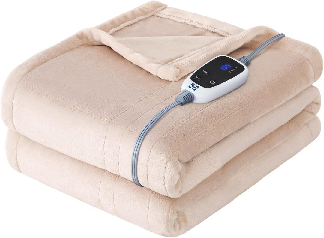 Sealy Electric Blanket Heated Throw, Soft Flannel Heated Blanket with 6 Heating Settings & 210 Hours Auto Shut Off, Fast Heating & Machine Washable, 50x60 Inch, Beige