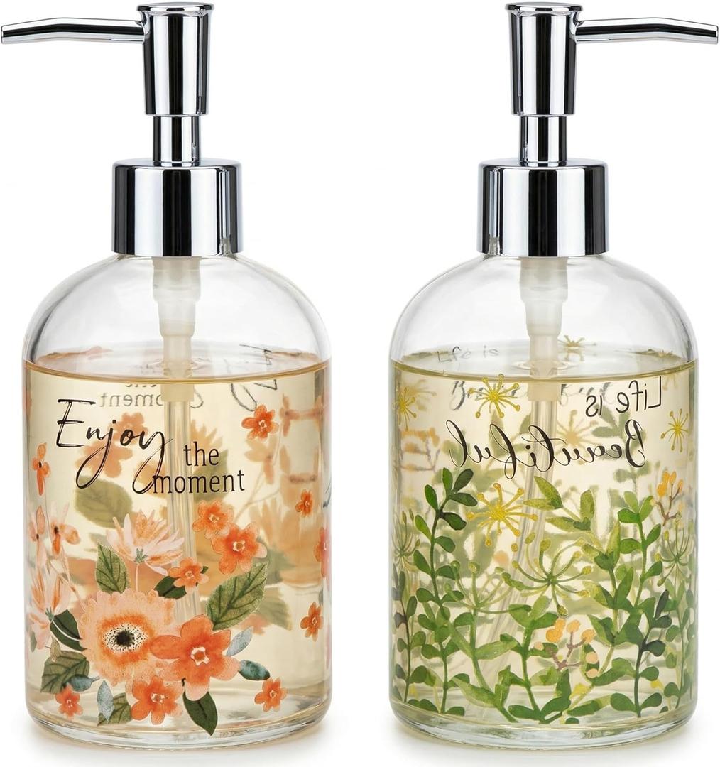 Topadorn Set of 2 17 Oz Glass Soap Dispenser, Soap Dispenser Kitchen Bathroom for Dish Soap, Hand soap, Flowers and Leaves (Pink and Green)