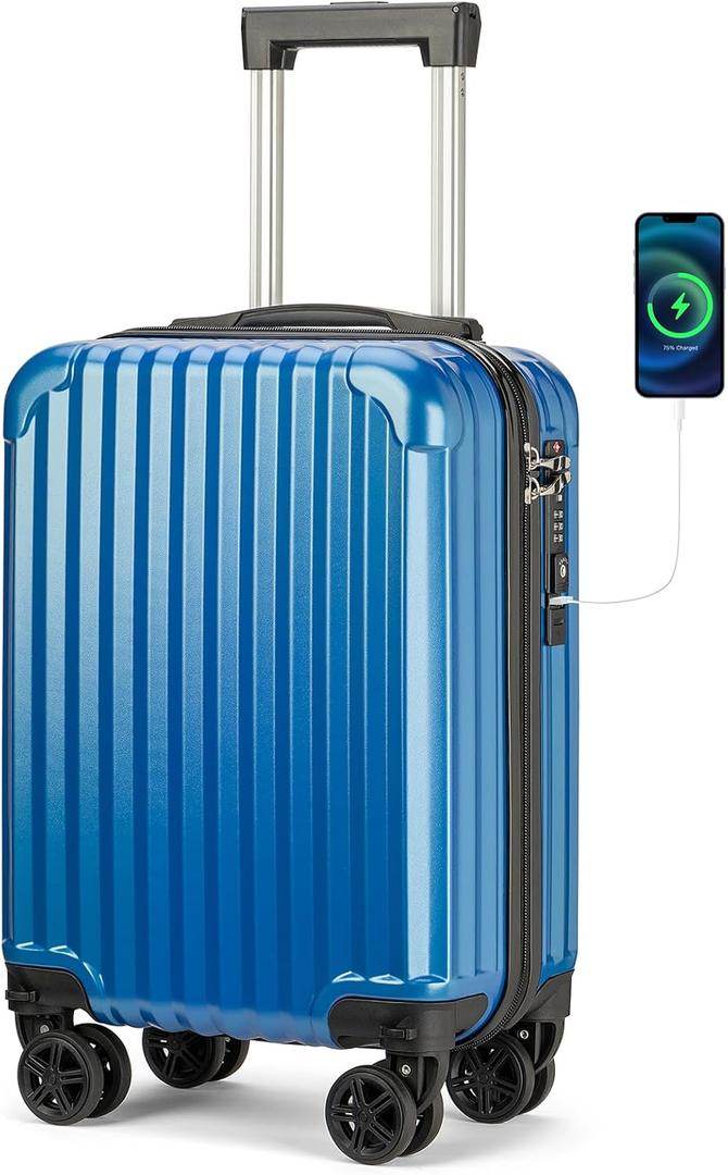 Personal Item Suitcase 18x14x8 Inches Hardside Built In TSA Lock & USB Port Lightweight Luggage Silent Double Spinner Wheels Maximum Underseat Carry-On Bag For Spirit and Frontier (Royal Blue) (Royal Blue)