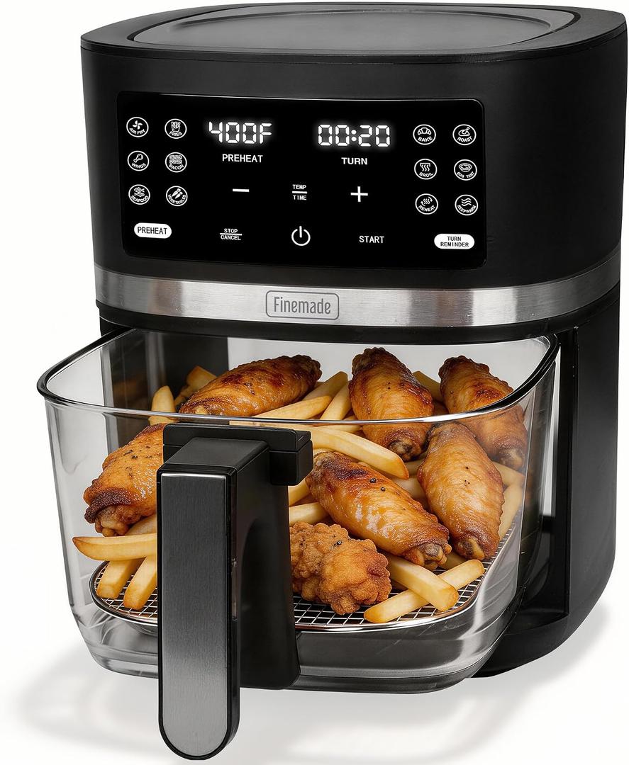 FineMade 12-in-1 Glass Air Fryer Non Toxic,4.5 Quart, Dishwasher-Safe Air fryer Glass Basket, Freidora De Aire De Vidrio, Temperature & Time Programable, PFOA & PFAS Free, Graphite