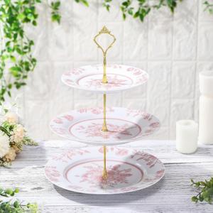 Lallisa Pink Floral 3 Tier Dessert Stand 10", 9" and 7" Ceramic Vintage Chinoiserie Tea Party Tiered Tray Cupcake Stand Display Holder Tower for Wedding Baby Shower Bridal Shower Tea Party
