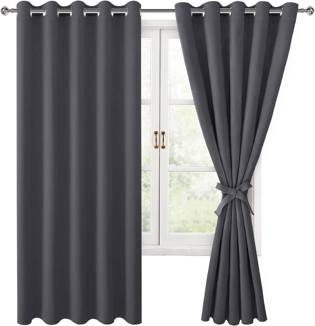 Hiasan Blackout Curtains for Bedroom, 60 x 63 Inches Length - Thermal Insulated & Light Blocking Window Curtains for Living Room, 2 Drape Panels Sewn with Tiebacks, Dark Grey